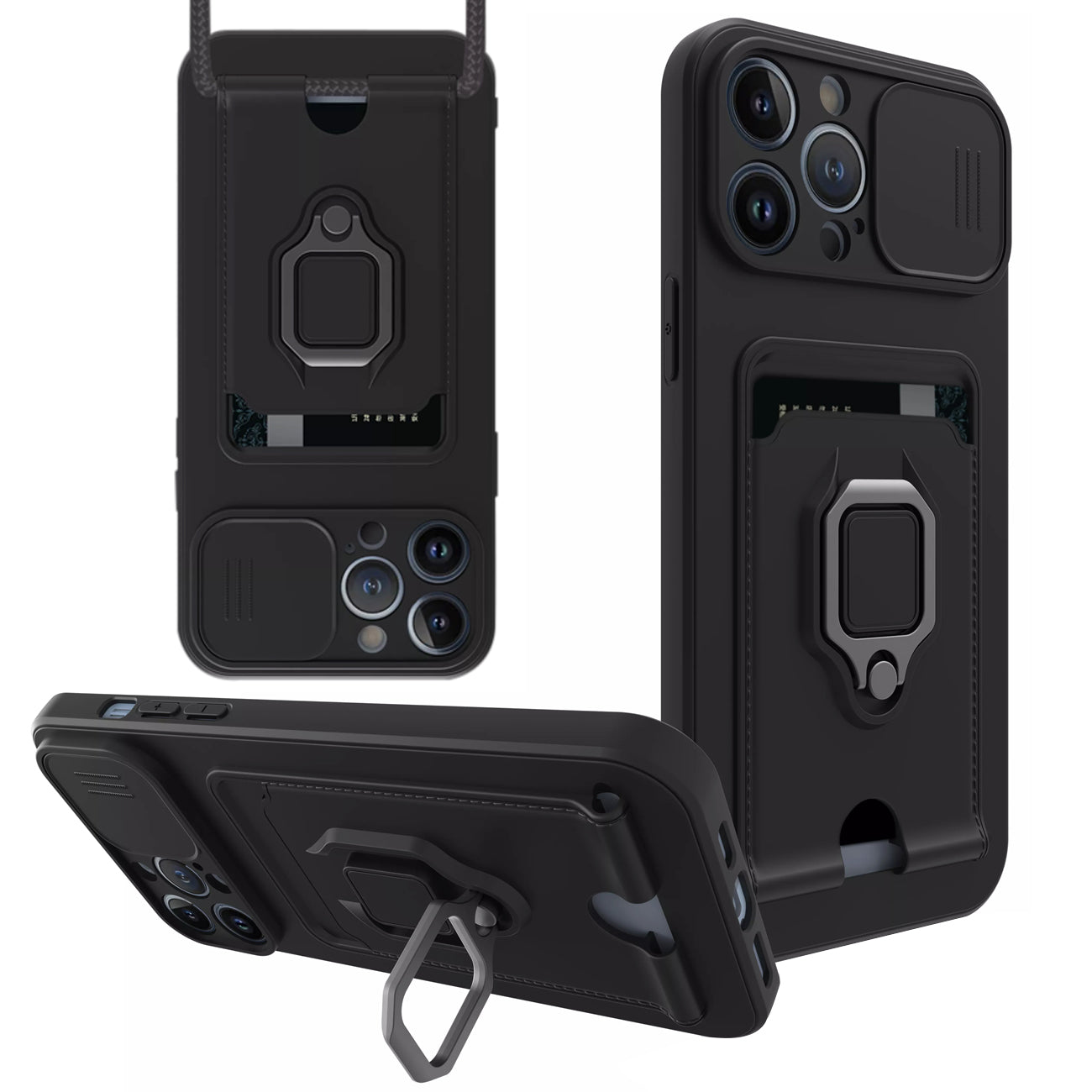 High Quality iPhone 12 Pro Case with Camera cover, Kickstand, Slide lens protection, Magnetic ring stand, Crossbody strap and Card holder In Black